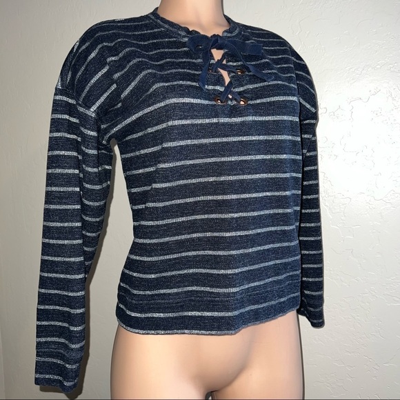 Lucky Brand Ladies Navy & White Striped Lace Up Pullover Sweatshirt sz S - Picture 1 of 6